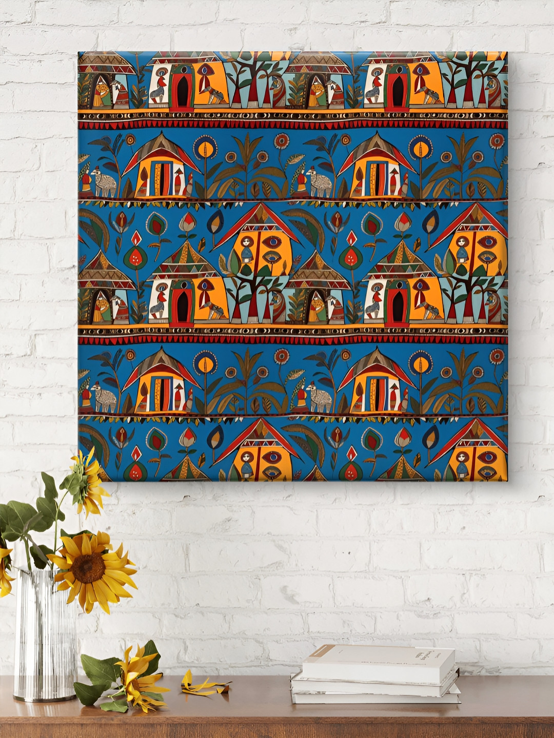 SAF Blue & Yellow Canvas Tribal Village Madhubani Wall Art