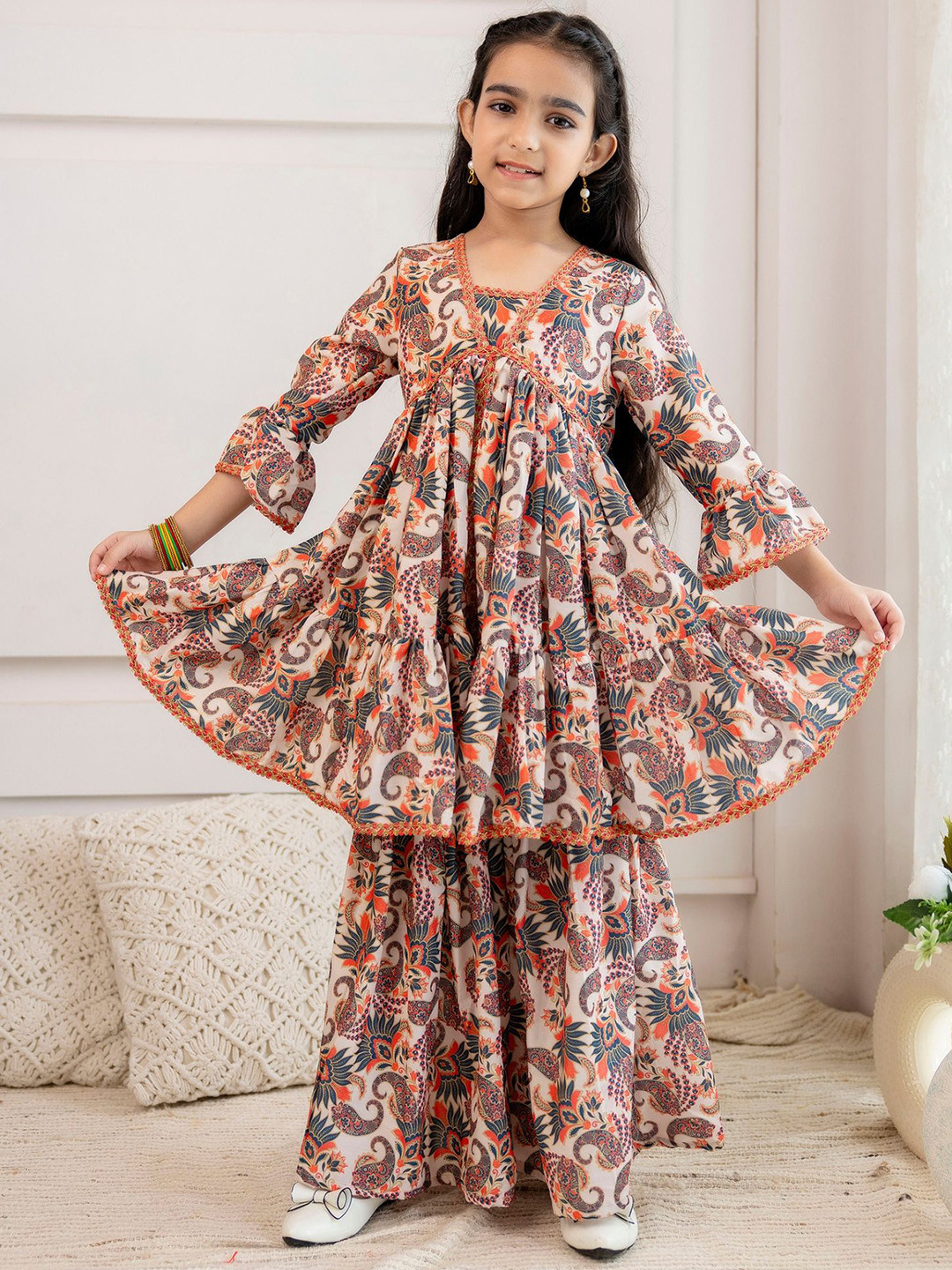 Sangria Girls Paisley Printed Kurta with Sharara & Dupatta