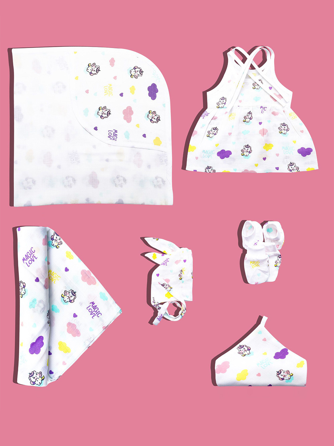 YUV Infants 7Pcs Pure Organic Cotton Muslin Baby Apparel Gift Set