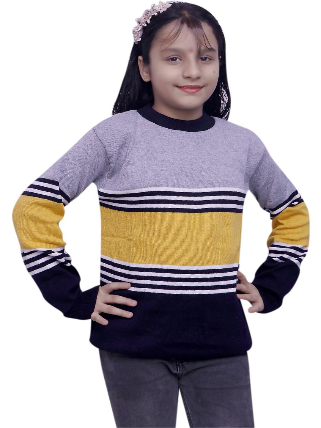 Selcan Girls Colourblocked Striped Woollen Pullover
