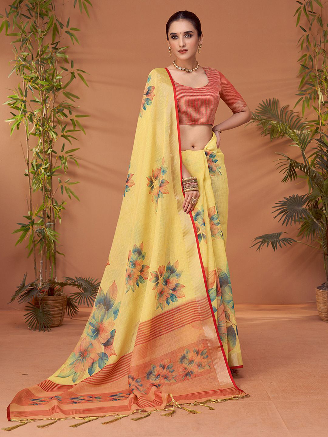 Sangria Floral Printed Saree With Matching Blouse