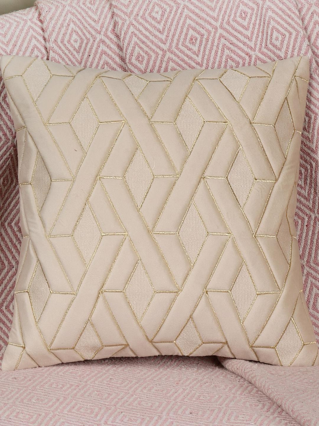 MONKDECOR Cream-Coloured & Gold-Toned Geometric Velvet Square Cushion Cover