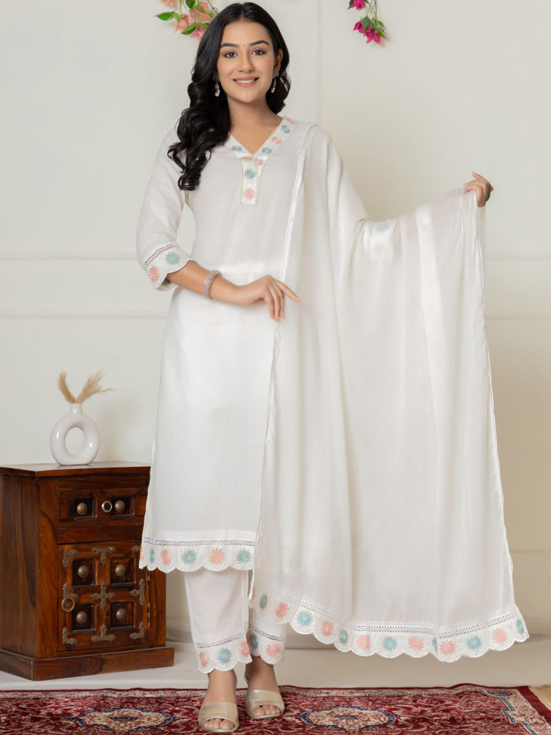 PINK FACTORY Women Floral Embroidered Cotton Kurta with Trousers & Dupatta