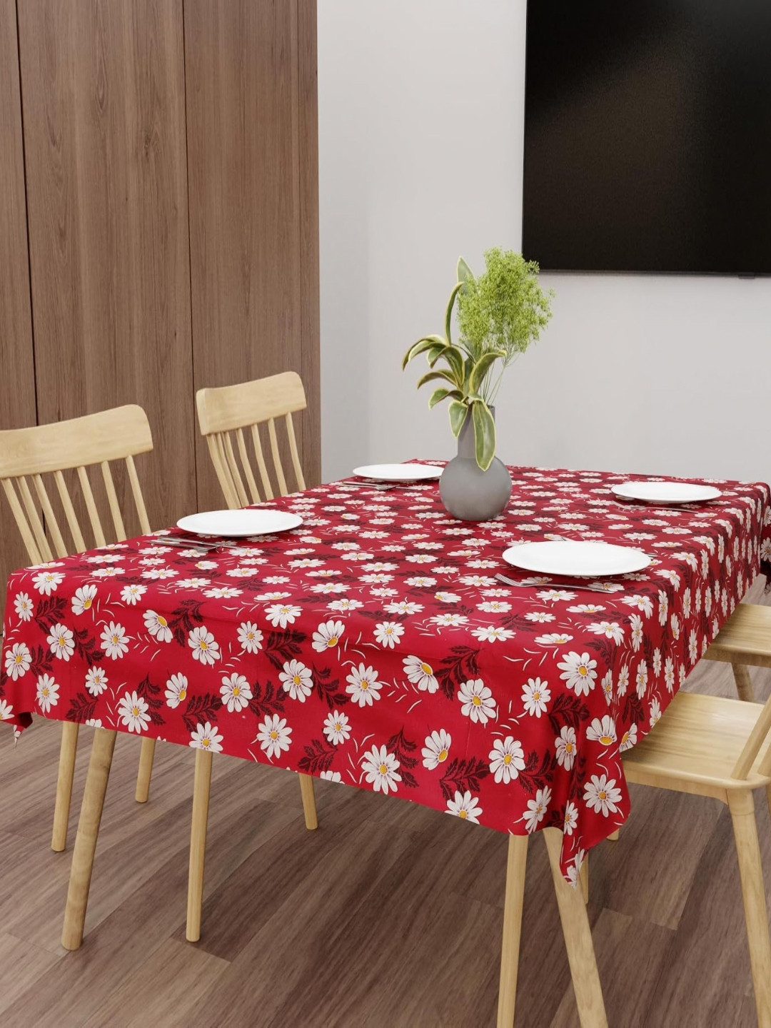 Star Weaves Red And White Floral Printed Waterproof 6-Seater Table Cover