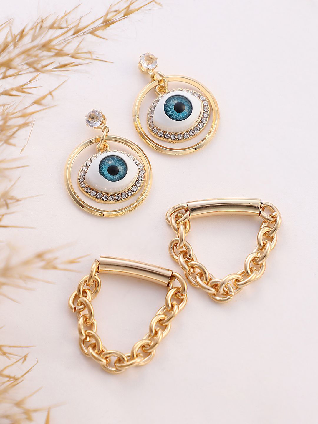 SOHI Set Of 2 Gold-Plated Evil Eye Chain Drop Earrings