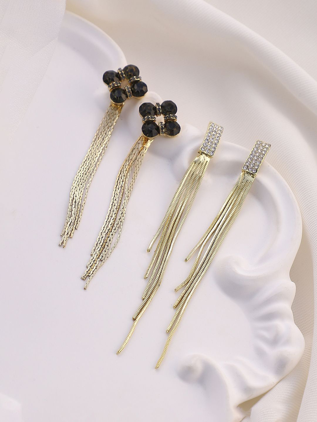 SOHI Set Of 2 Gold-Plated Crystals & Onyx Beaded Contemporary Drop Earrings