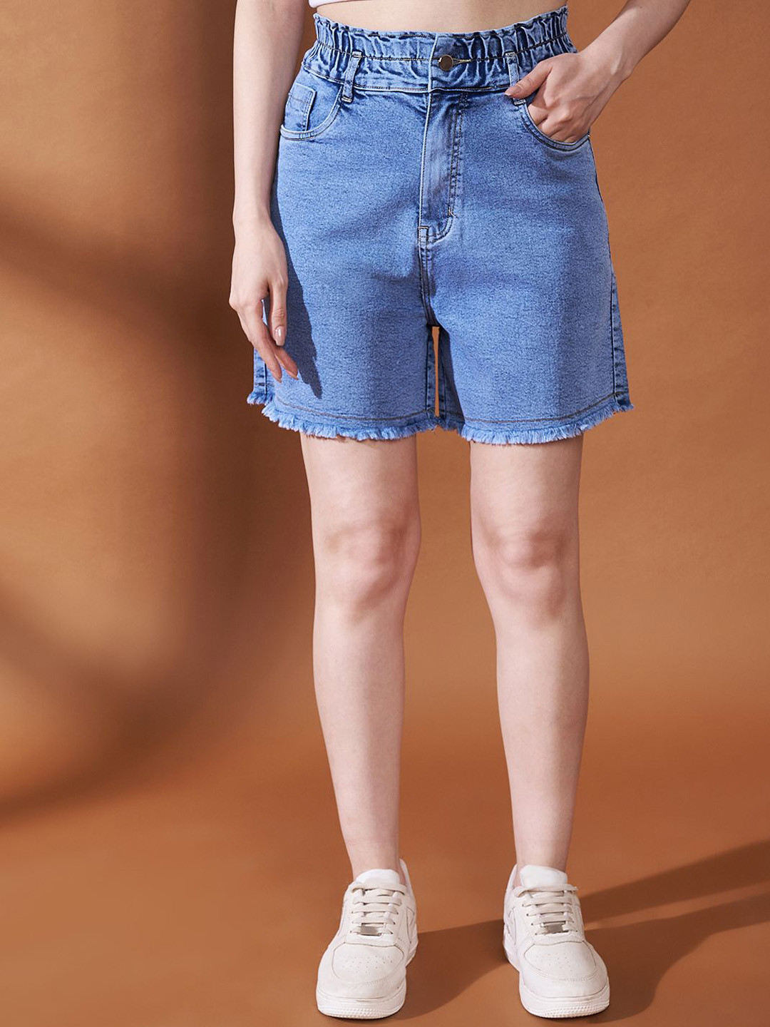 Purple Feather Women Washed Relaxed Fit High-Rise Denim Shorts