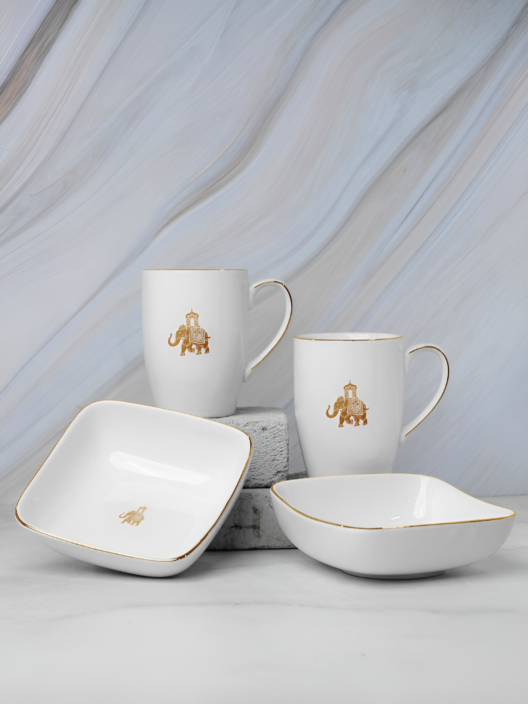 Vola Global LLP White Animal Print Porcelain Microwave Safe 2 Piece Mugs with 2 Bowls-400ml