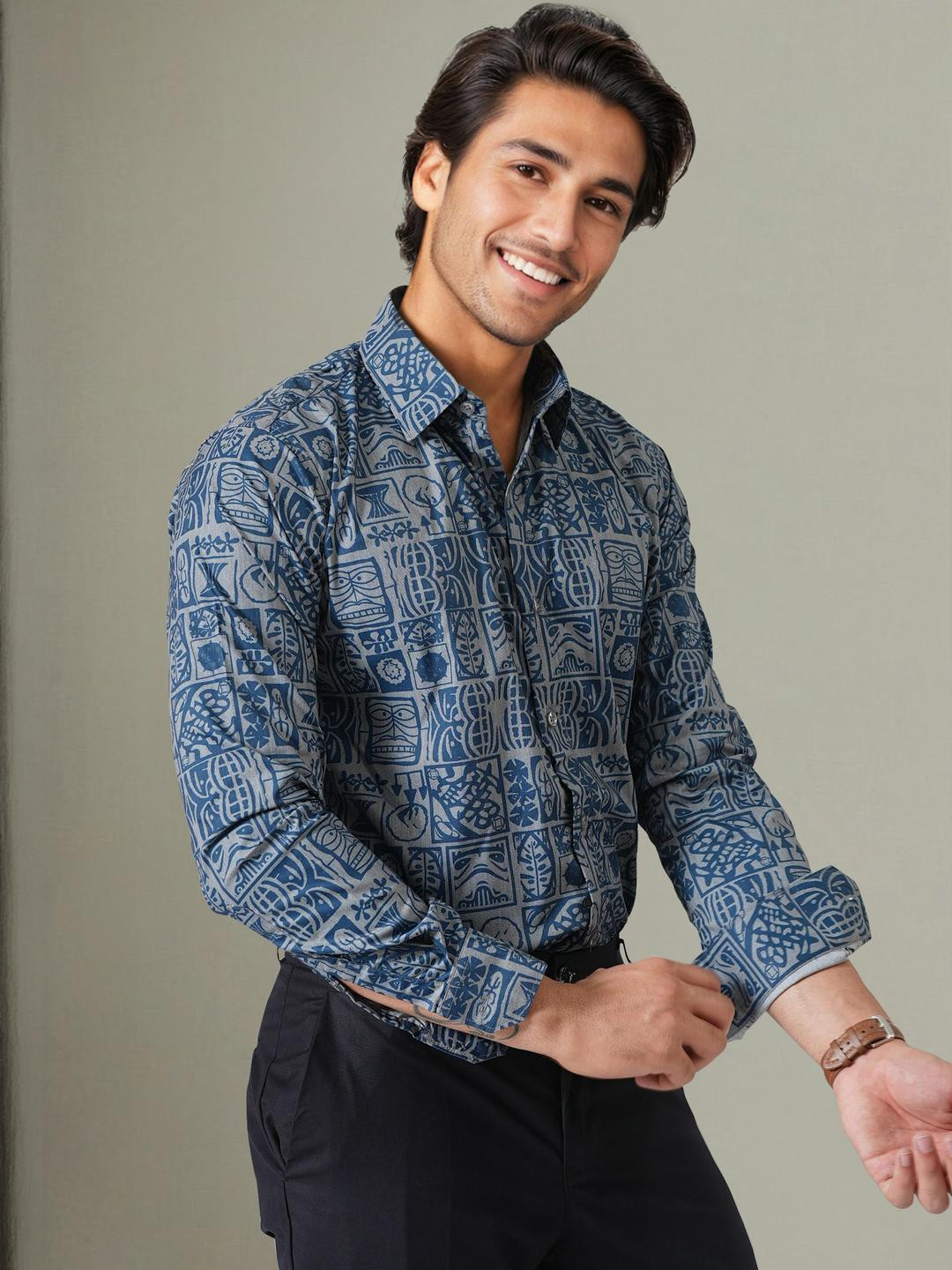 Haute Tissue Indigo Slate Mosaic Printed Business Casual Shirt