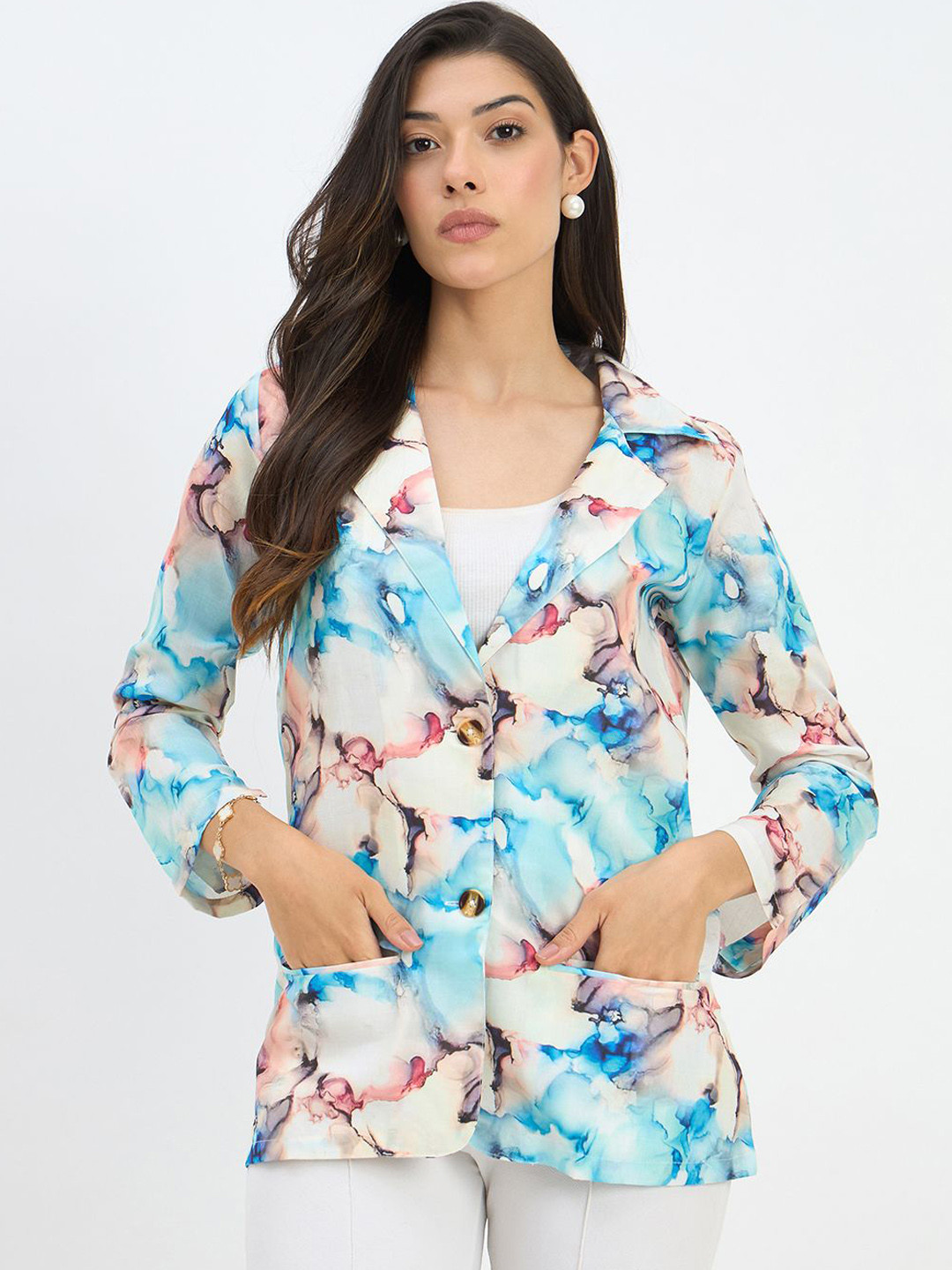 Color Cocktail Abstract Printed Lapel Collar Cotton Tailored Jacket