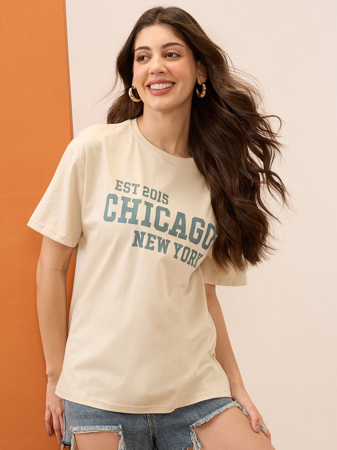 Mast & Harbour Typography Printed Round Neck Cotton Oversized T-shirt