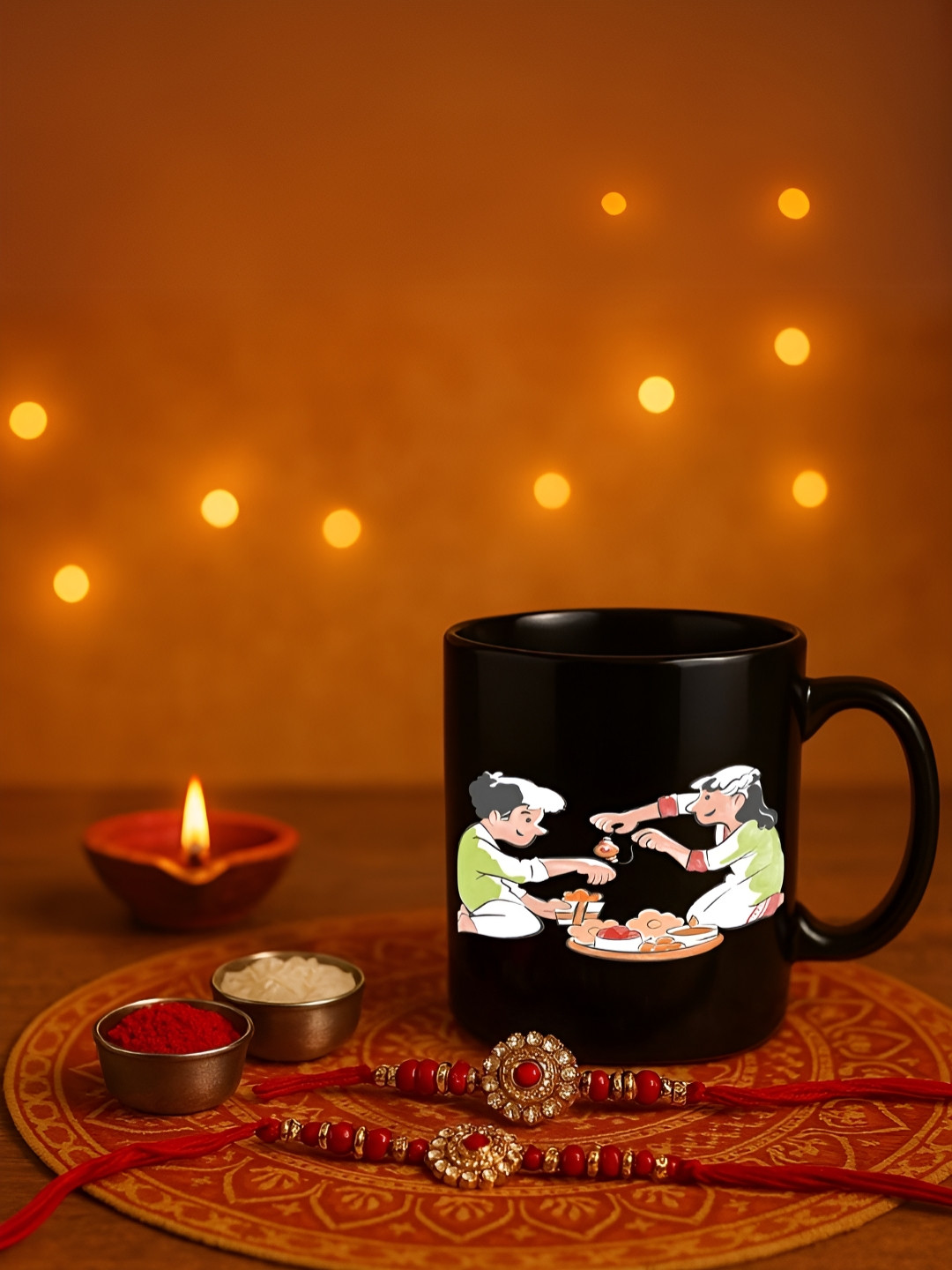 INTERNATIONAL GIFT World Map Black Conversational Ceramic Microwave Safe Mug with 2 Rakhi and Roli, Akshat-300ml