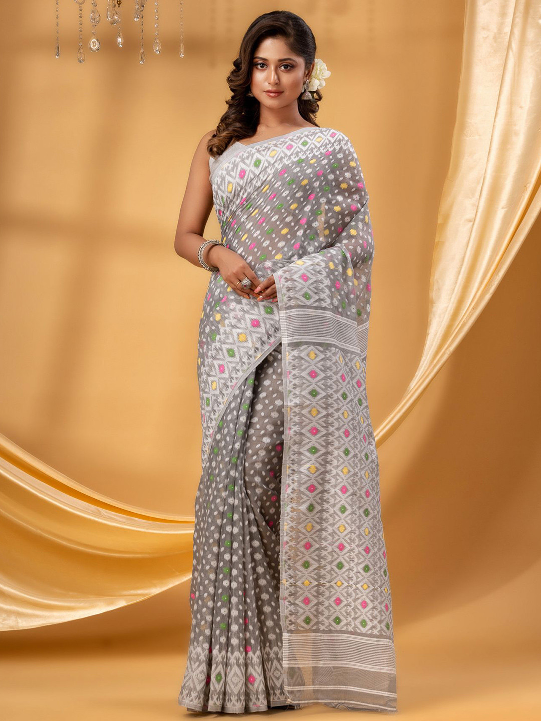 TANTLOOM Geometric Woven Design Jamdani Saree