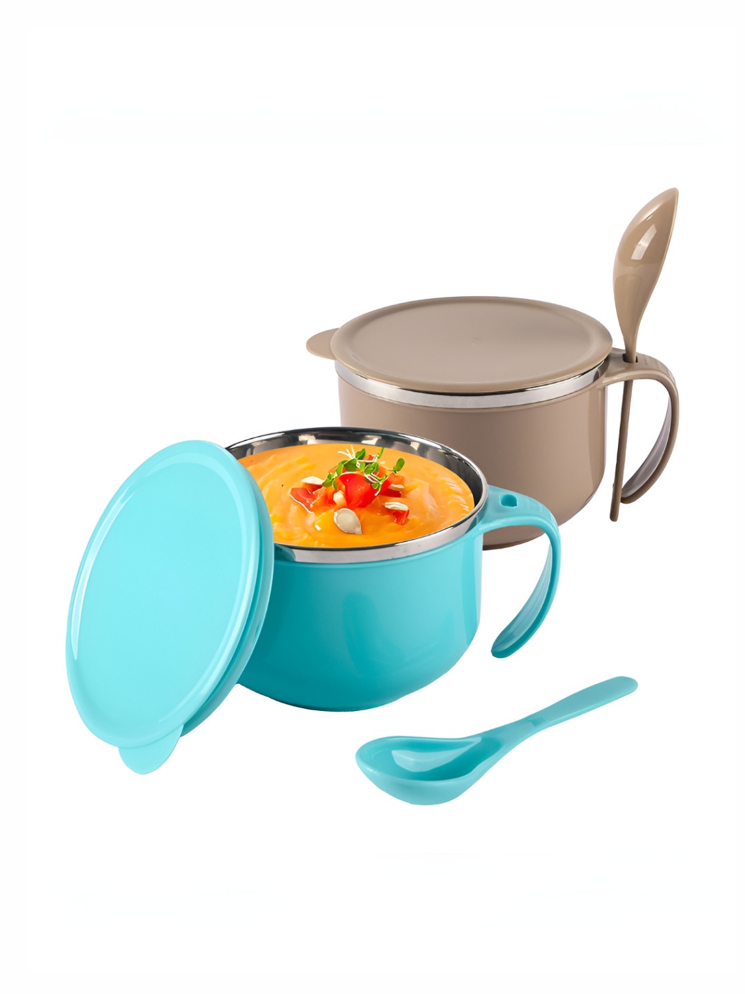 Aura Brown & Blue 2 Pieces Stainless Steel Serving Bowls With Spoon & Holder 600ml Each