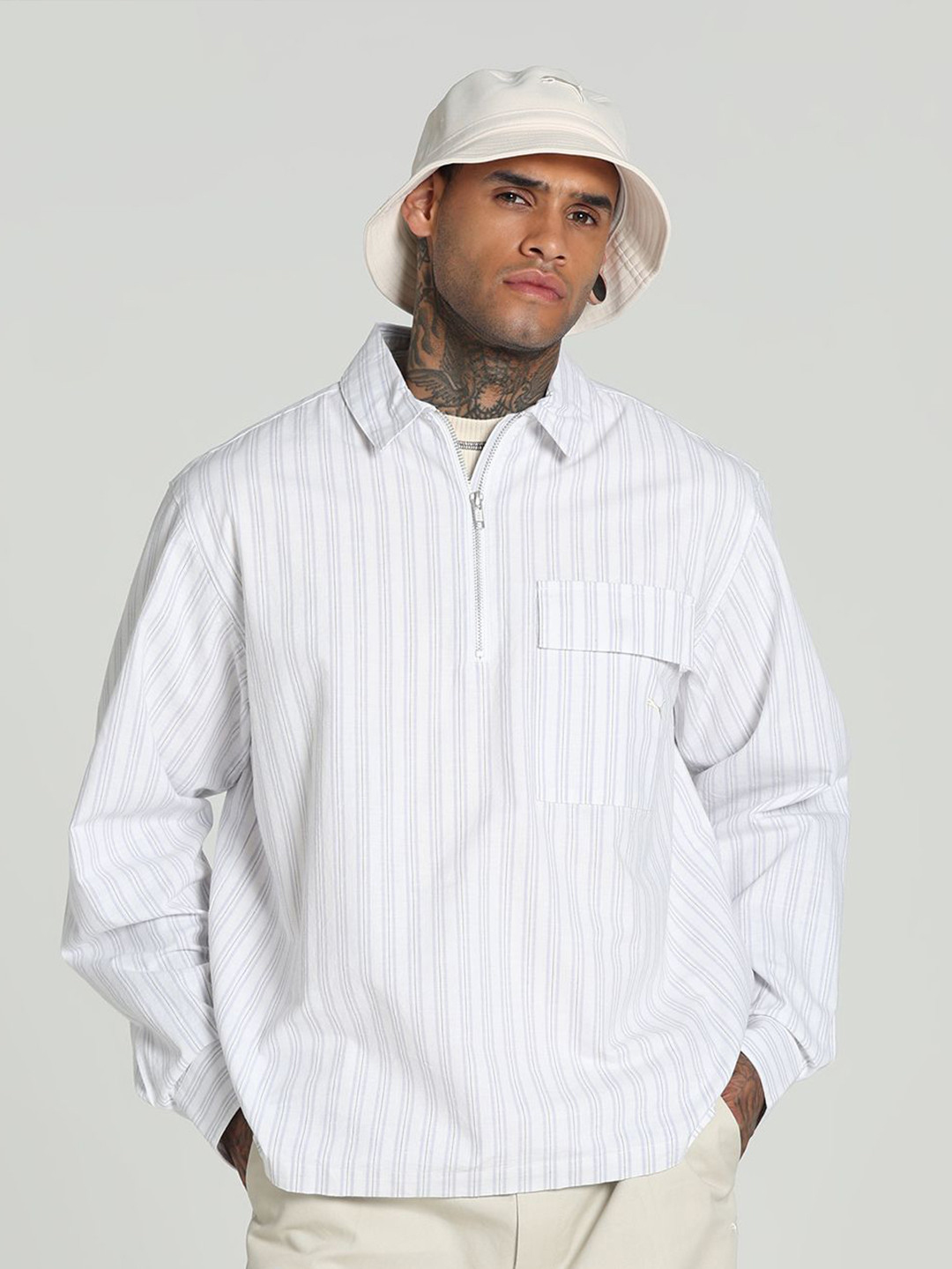 Puma Mmq Men Striped Pure Cotton Half-Zip Relaxed Fit Shirt