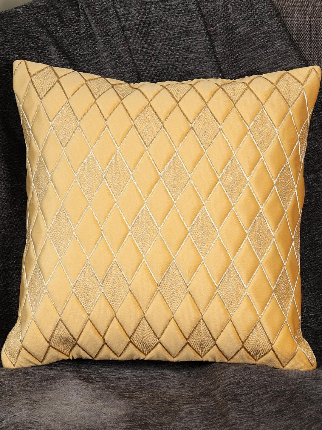 MONKDECOR Gold Geometric Velvet Durable Embroidered Square Cushion Covers - 16 x 16 In