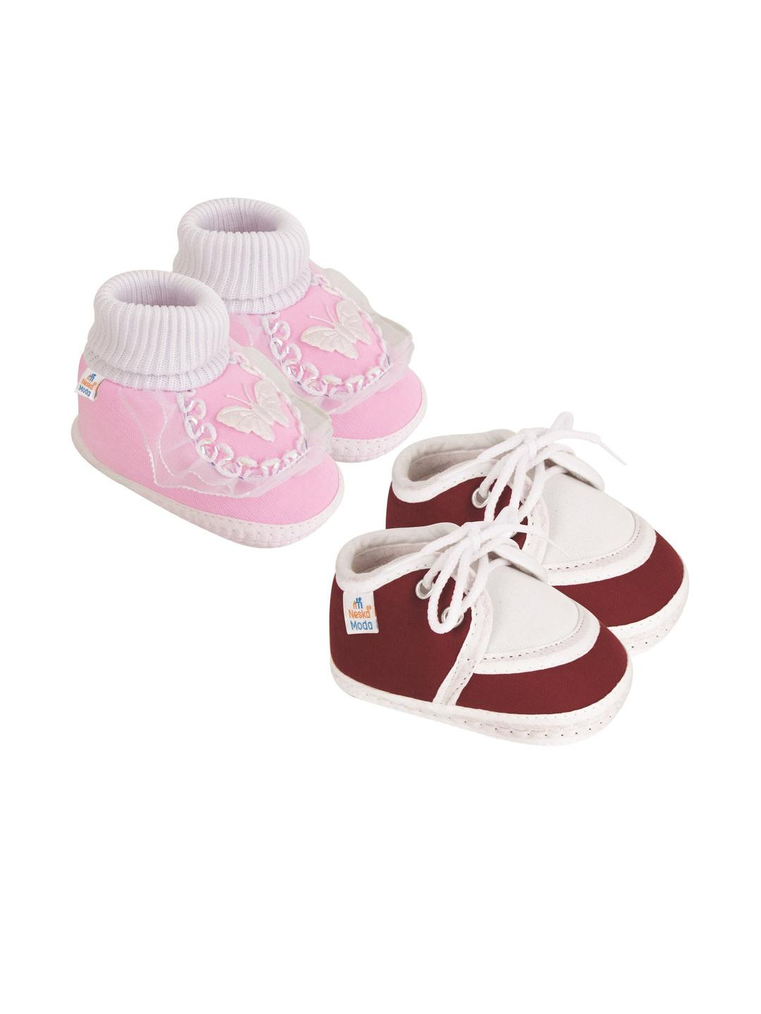 NESKA MODA 12 To 18 Month Non Slip Baby Boys & Girls Pack of 2 Pair Cotton Butterfly & Lace Booties