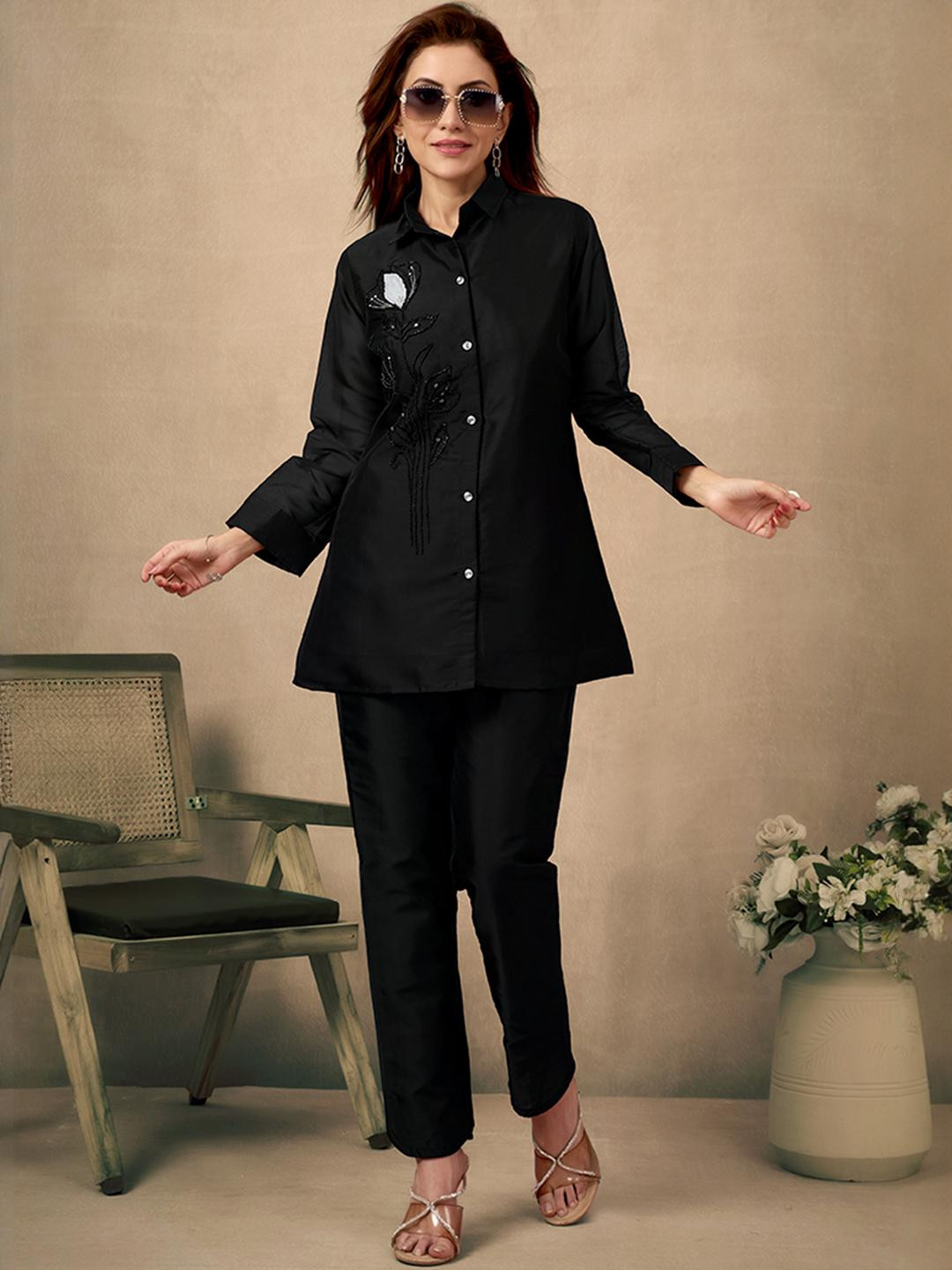 Black Floral Embroidered Stone Work Organza Co-Ord Set