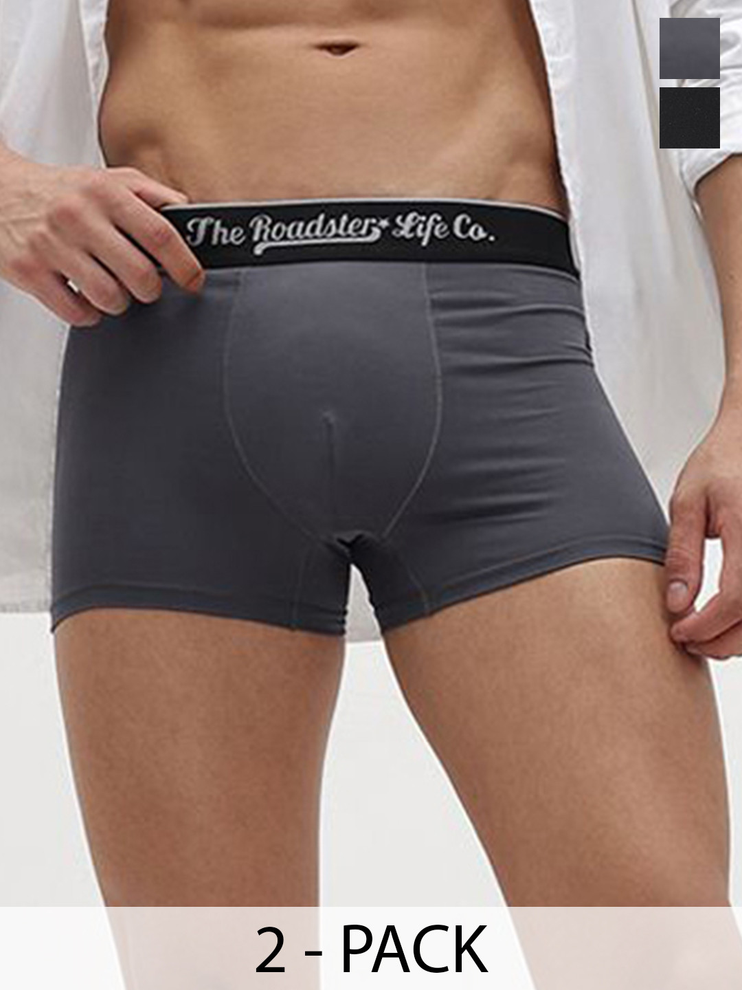 The Roadster Lifestyle Co Pack Of 2 Mid Rise  Trunks RTO-PV-SOLID-Black-Grey-M