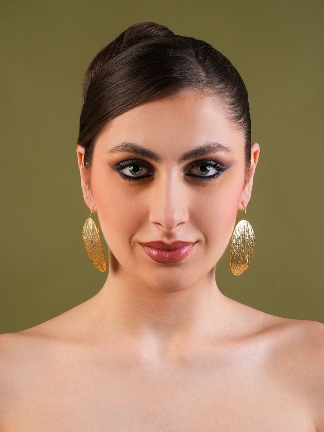 Basraa Gold Plated Oval Shaped Bark Drop Earrings