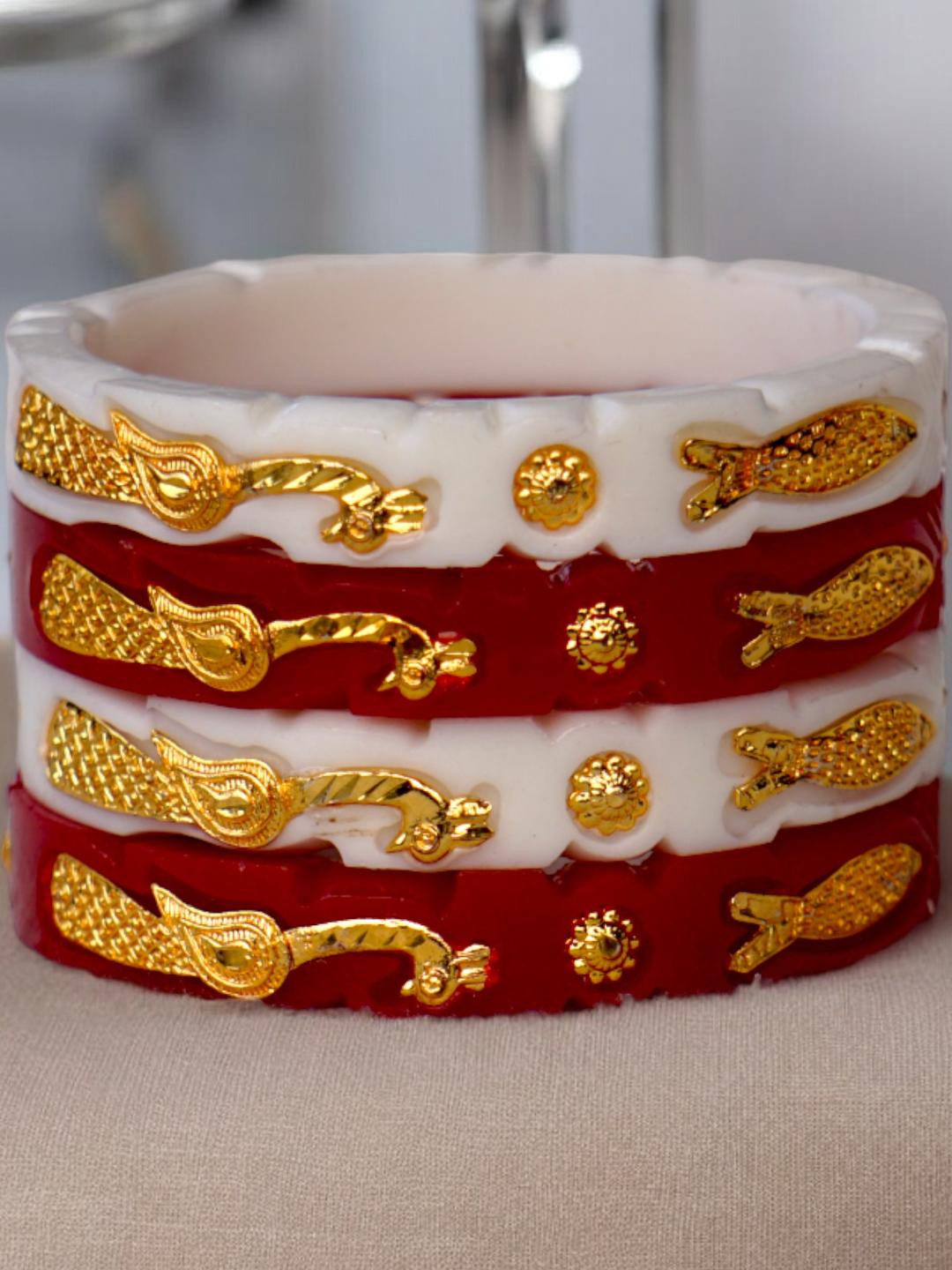 TANVI J Plastic Gold-plated Peacock-Fish Shakha Pola, Red and White Combo