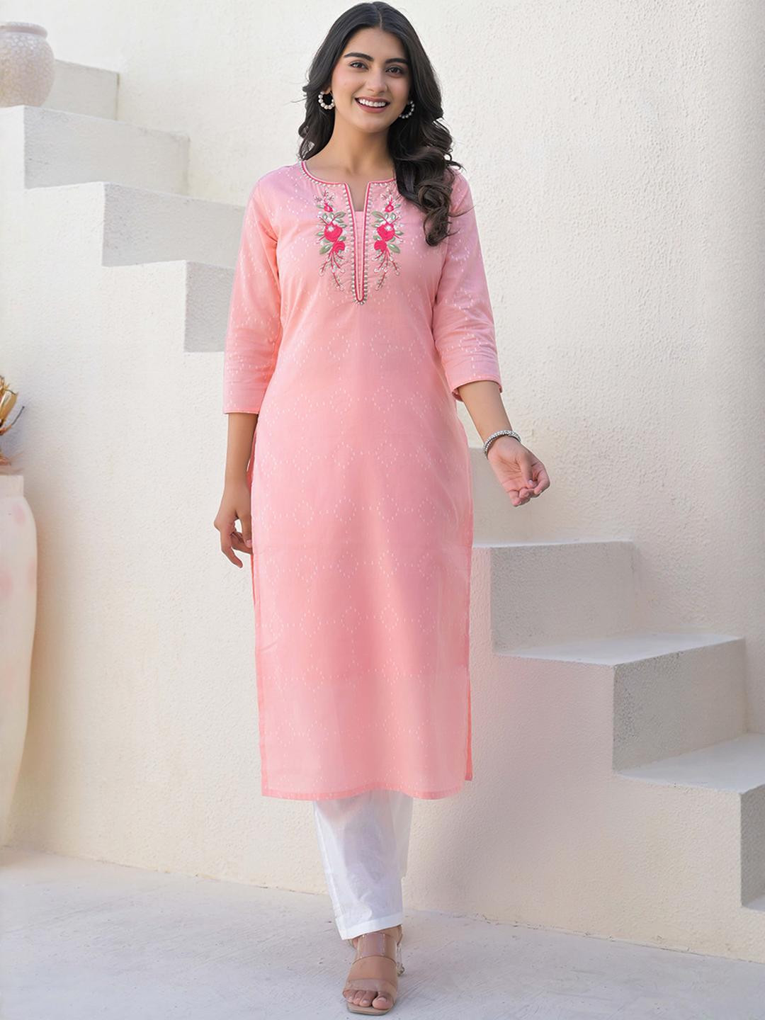 PEACHMODE  Peach Cotton Straight Cut Neck Embroidery Kurti