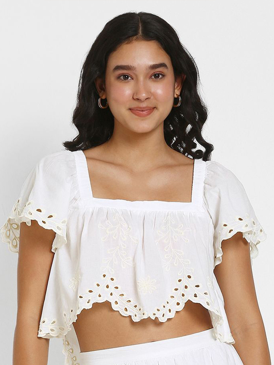 AMERICAN EAGLE OUTFITTERS Women Embroidered Flutter Sleeve Cotton Styled Back Crop Top