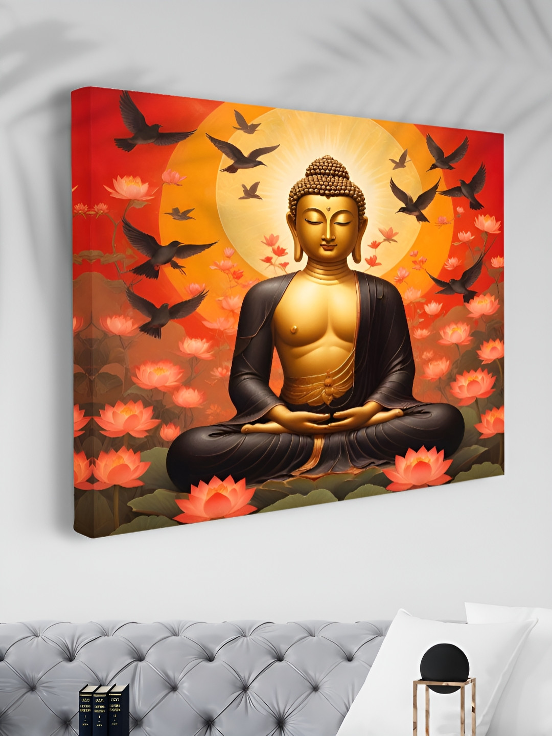 Myntra Elegant Homes Orange Colored & Gold Toned Buddha Printed Canvas Wall Art