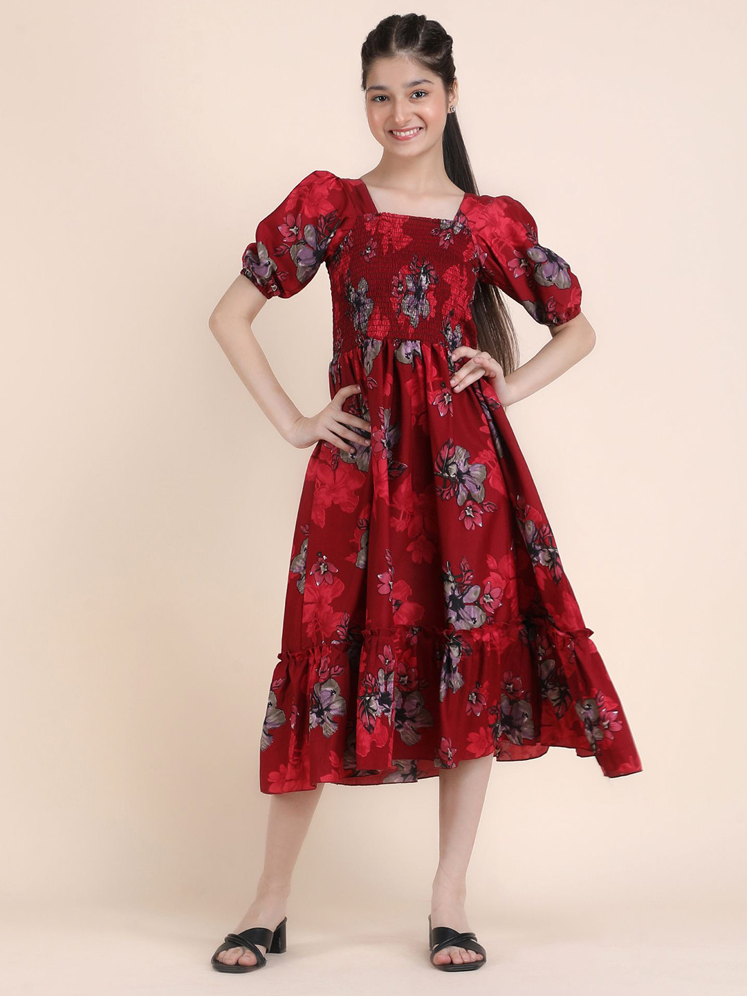 STARWORD Girls Floral Print Smocked Fit & Flare MidiDress