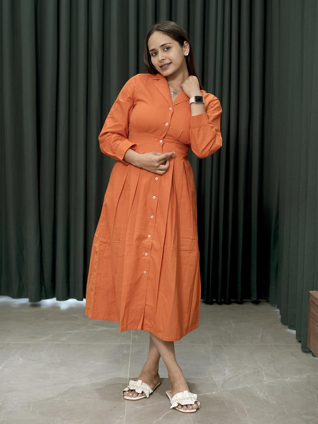 MODA-Q Women Solid Orange Shirt Collar A-Line Midi Dress