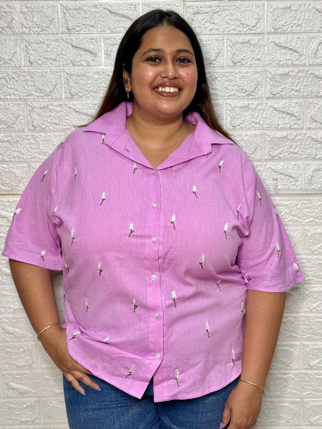 Blush Tree by Brishti Plus Size Floral Embroidered Spread Collar Relaxed Fit Shirt