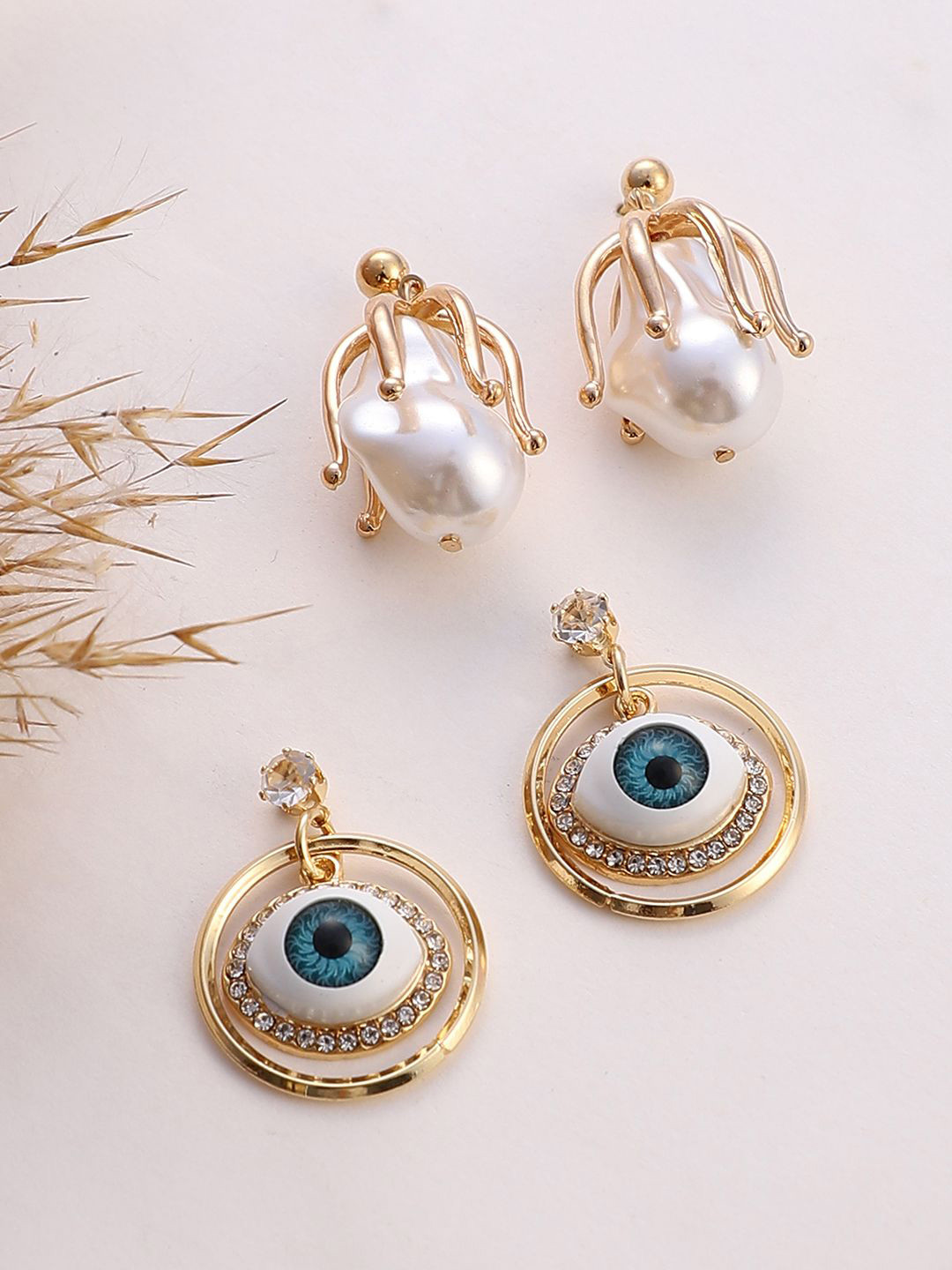 SOHI Set Of 2 Gold-Plated Evil Eye Bud Drop Earrings