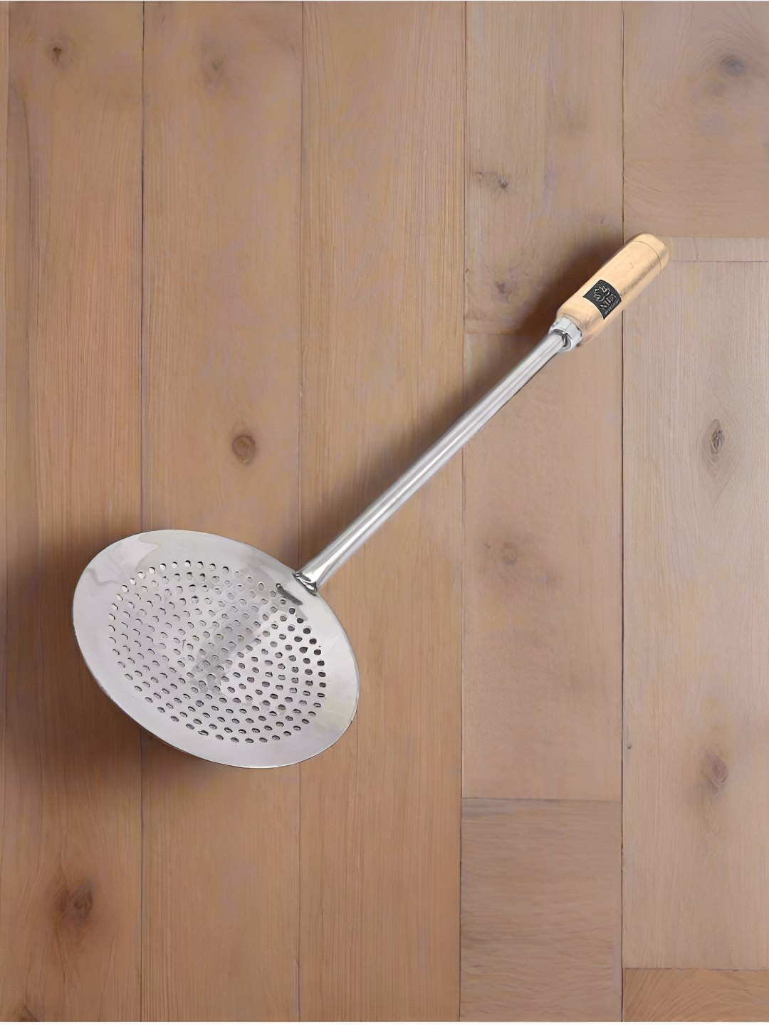 Nyra Kitchenware Silver-Toned Stainless Steel Skimmer Spoon With Wood handle