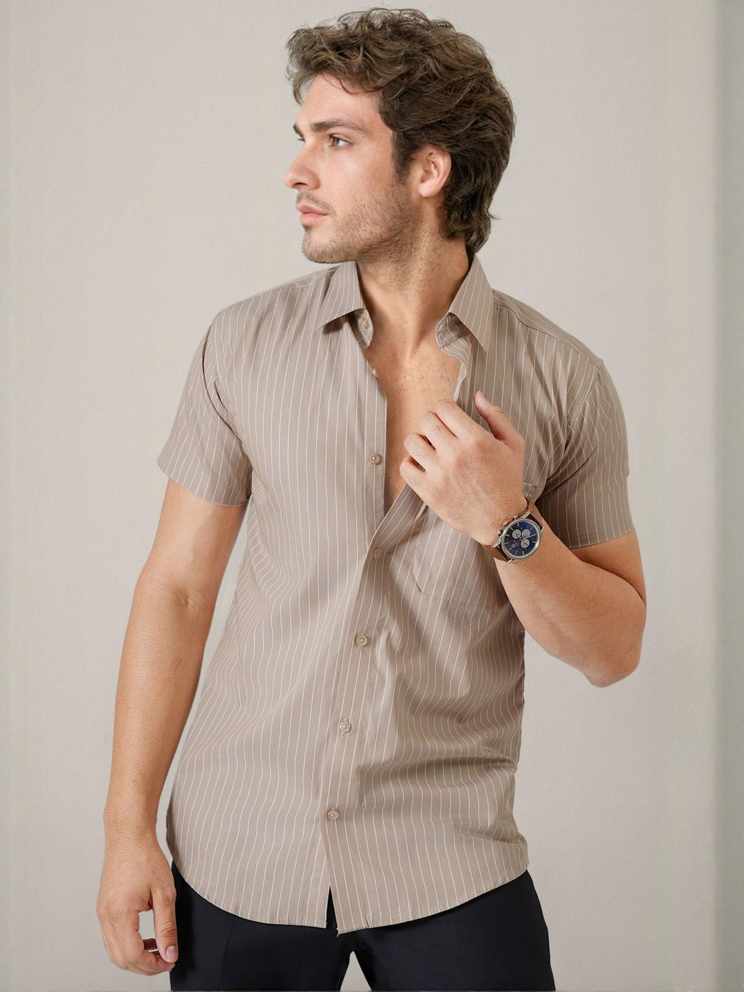 Haute Tissue Khaki Modern Striped Semi Formal Shirt