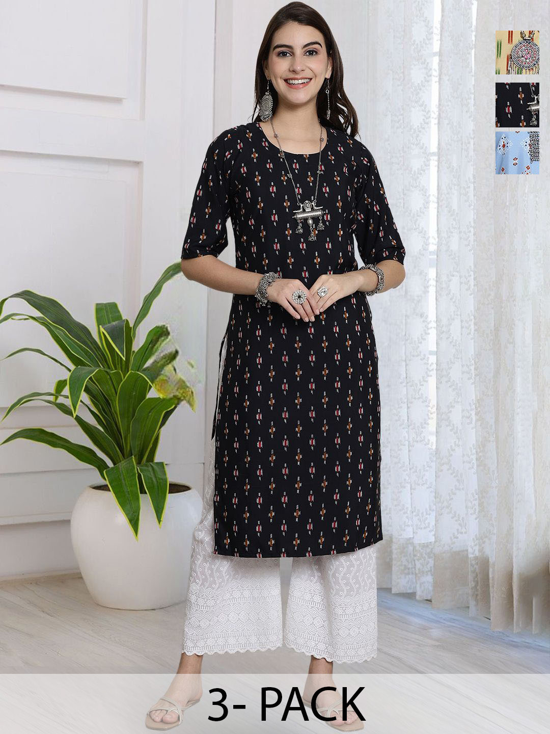 HERE&NOW Selection Of 4 Ethnic Motifs Printed Round Neck Straight Kurtas