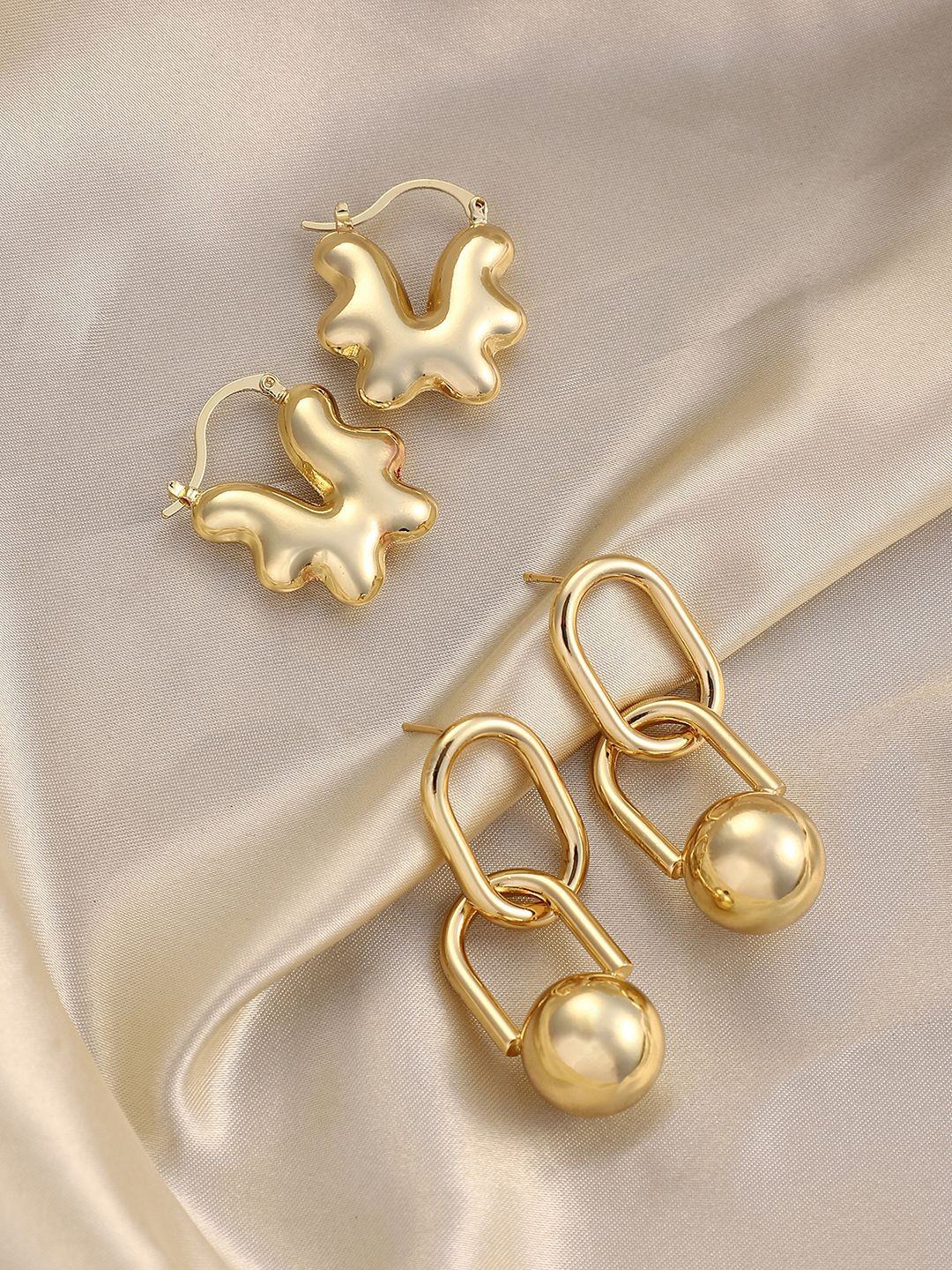 SOHI Set Of 2 Gold-Plated Contemporary Ballchain Huggies Drop Earrings