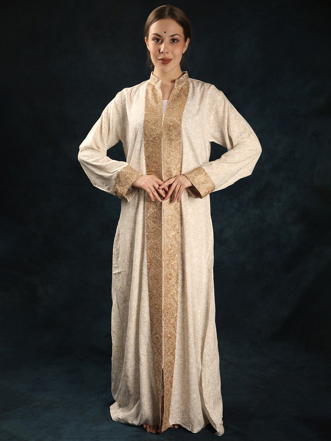 Exotic India White-Swan Cotton Floral Printed Kashmiri Abaya with Aari Embroidery