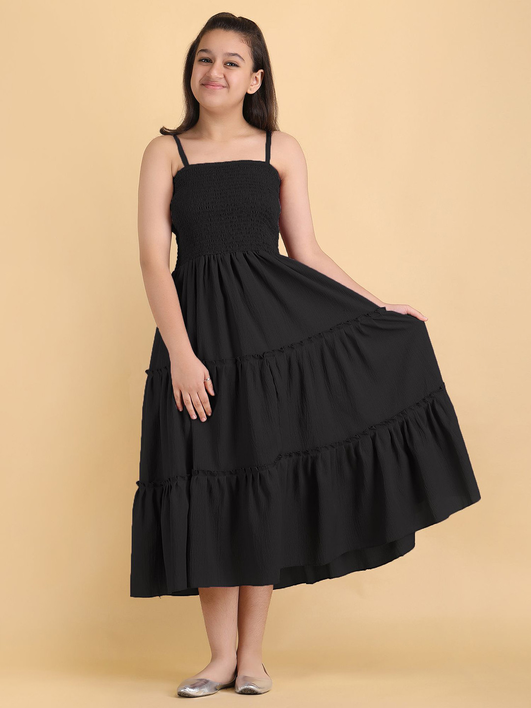 STARWORD Girl's Shoulder Straps  Smocked Tiered Fit and Flare Midi Dress