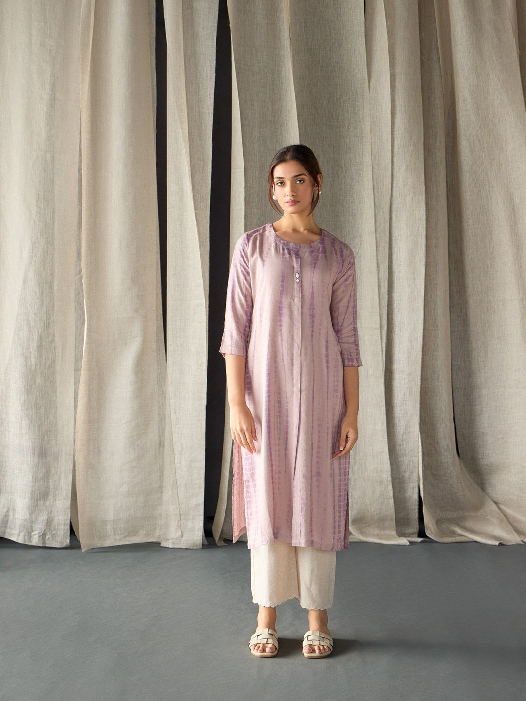 Bombay Bloom Abstract Dyed Mandarin Collar Hemp Kurta