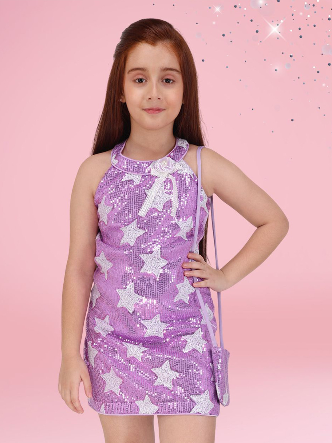CUTECUMBER Girls Star Embellished Sequined Shift Dress