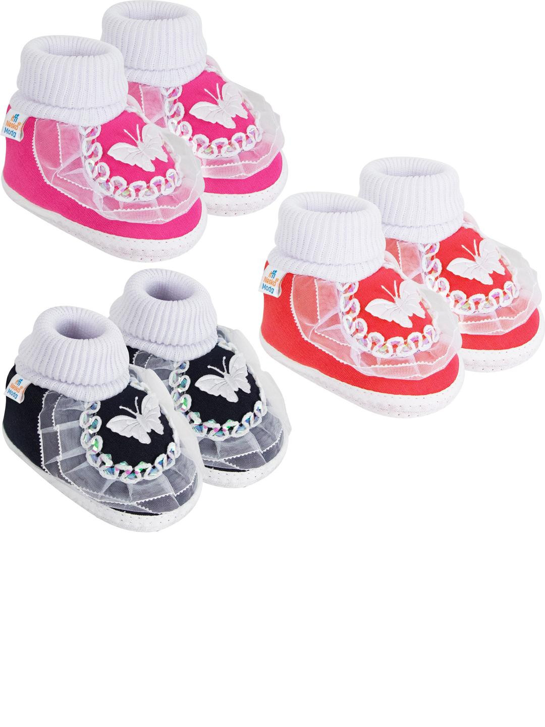 NESKA MODA 0 To 12 Months Infants Pack of 3 Pair Soft Cotton Butterfly Frill Booties