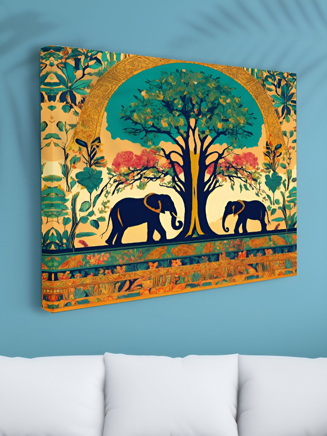 SAF Beige & Green Elephant Tree Printed Canvas Wall Art