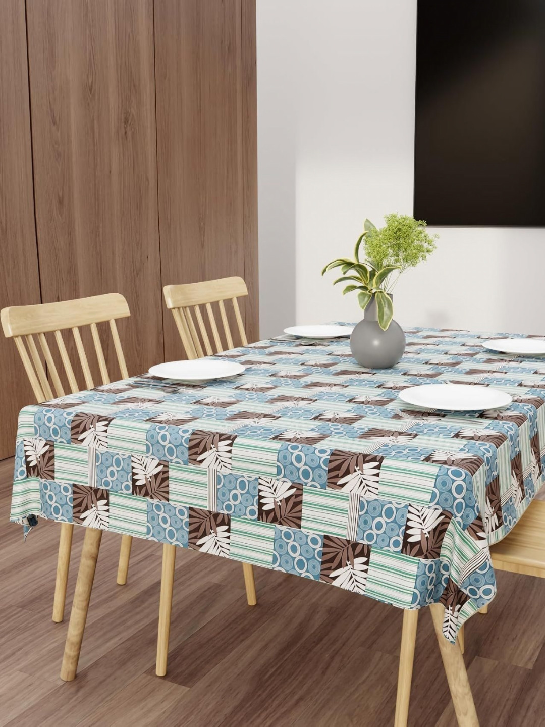 Star Weaves Blue And Green Floral Printed Waterproof 6-Seater Table Cover