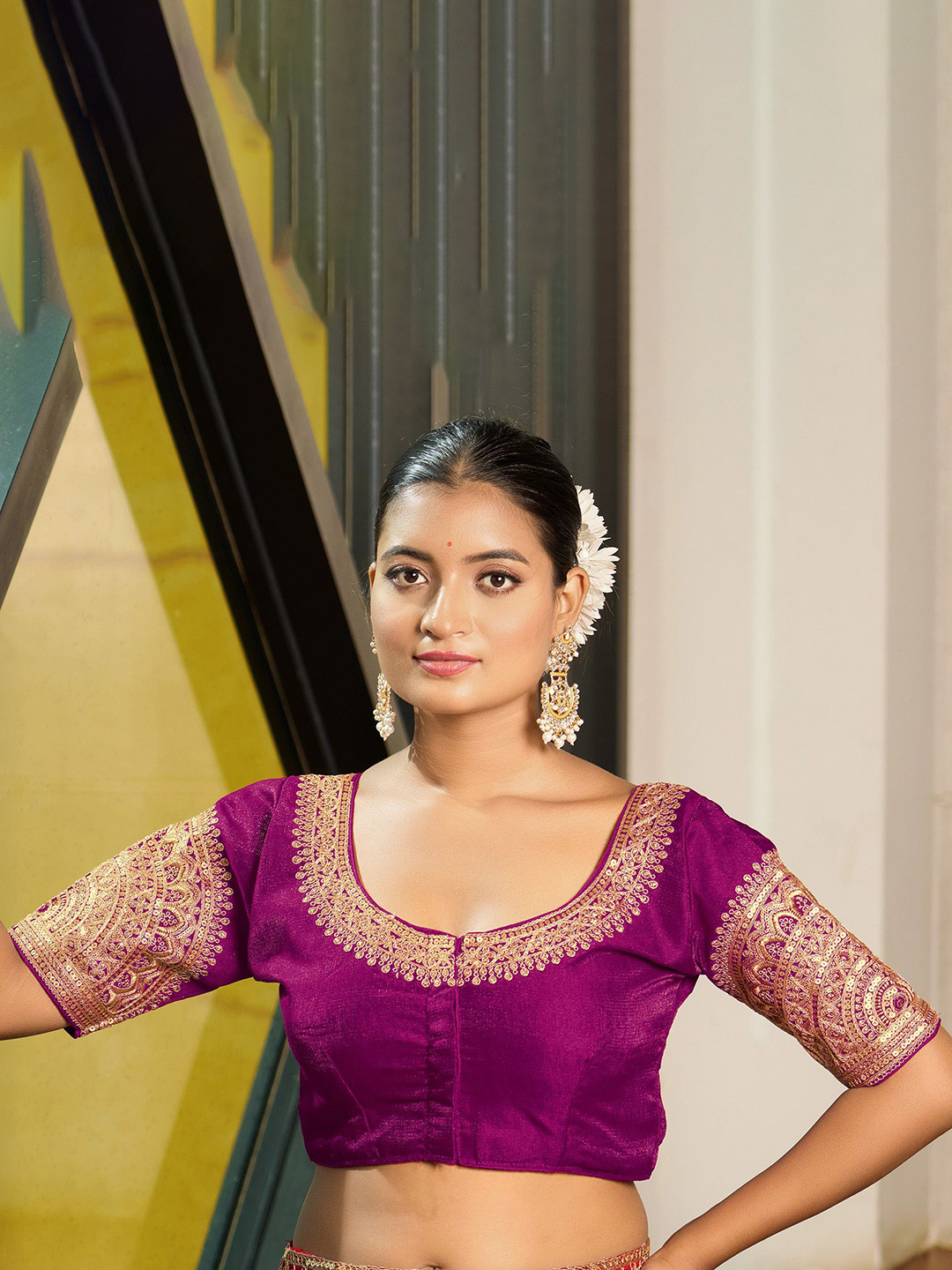HERE&NOW Embroidered Padded Half Sleeves Saree Blouse
