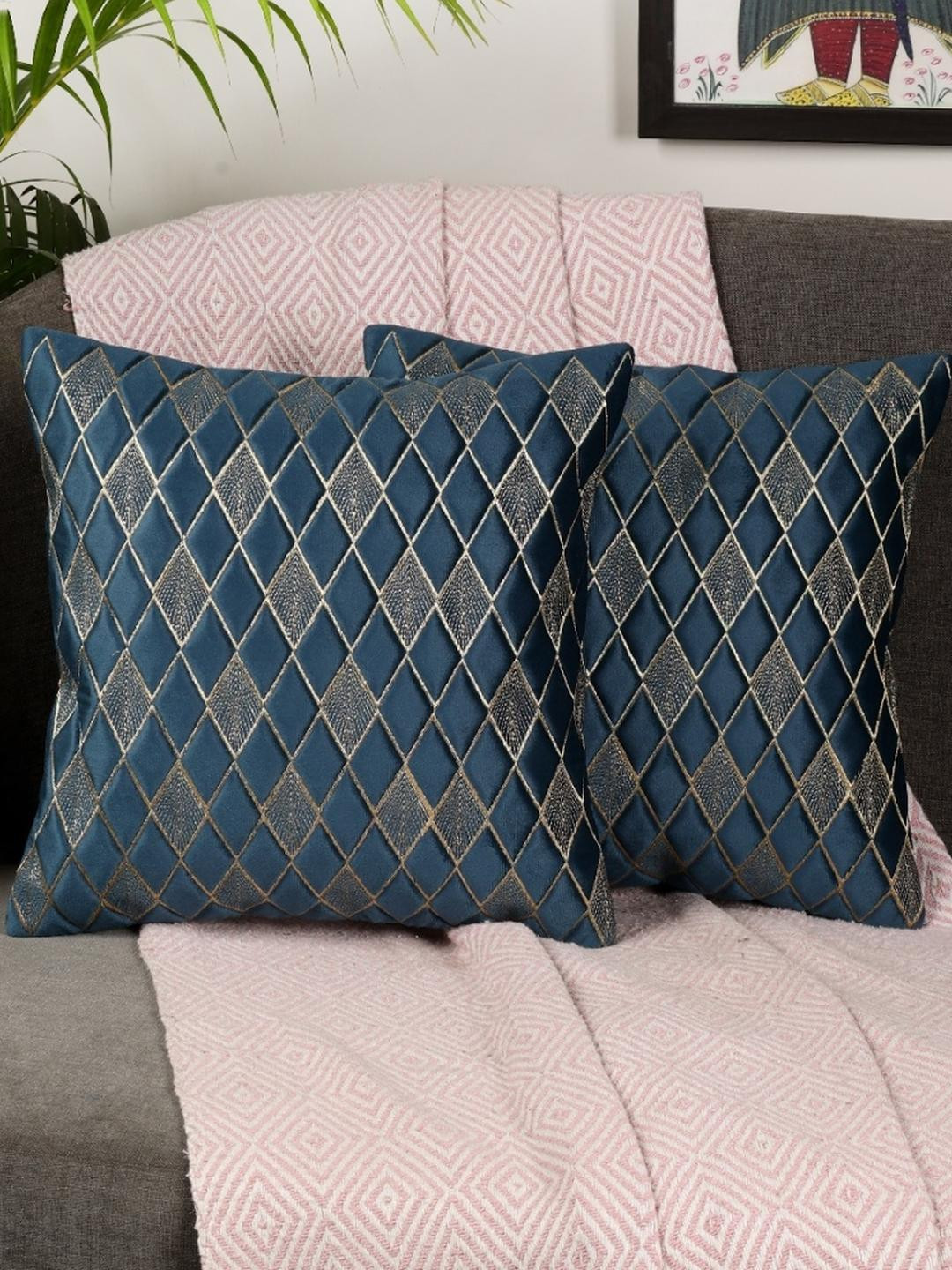 MONKDECOR Embroidered Blue Geometric Velvet 2 Pcs Embroidered Cushion Covers -16x16In