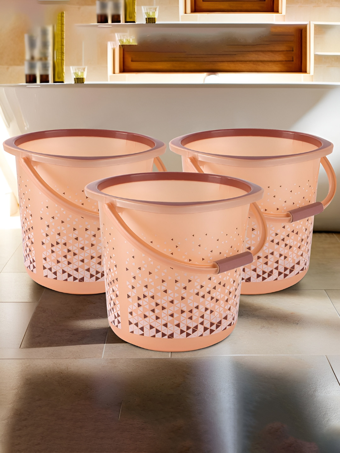 Aura Peach & Brown 3 Pieces Multi-Purpose Small Bucket Bath Accessories Set