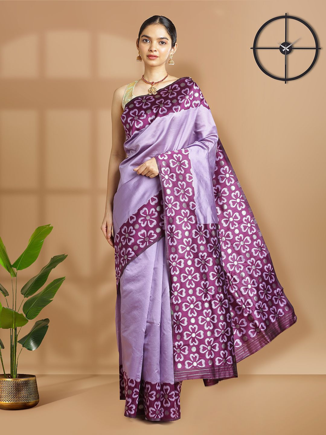 Kalyan Silks Solid Printed Border Saree With Blouse Piece
