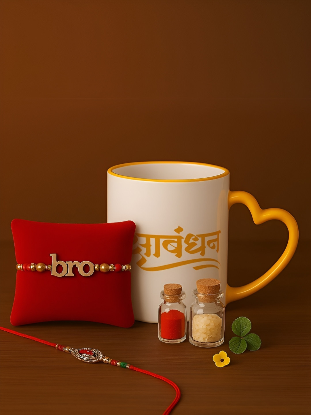 INTERNATIONAL GIFT Yellow Typography Ceramic Handmade Mug with 2 Piece Rakhi and Rori, Akshat-320ml