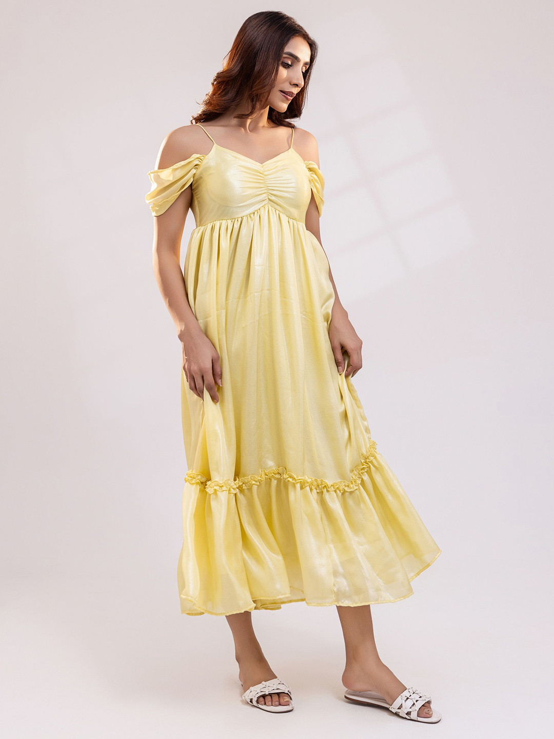 Luxe Weaves Women Cold-Shoulder Georgette Fit and Flare Maxi Dress