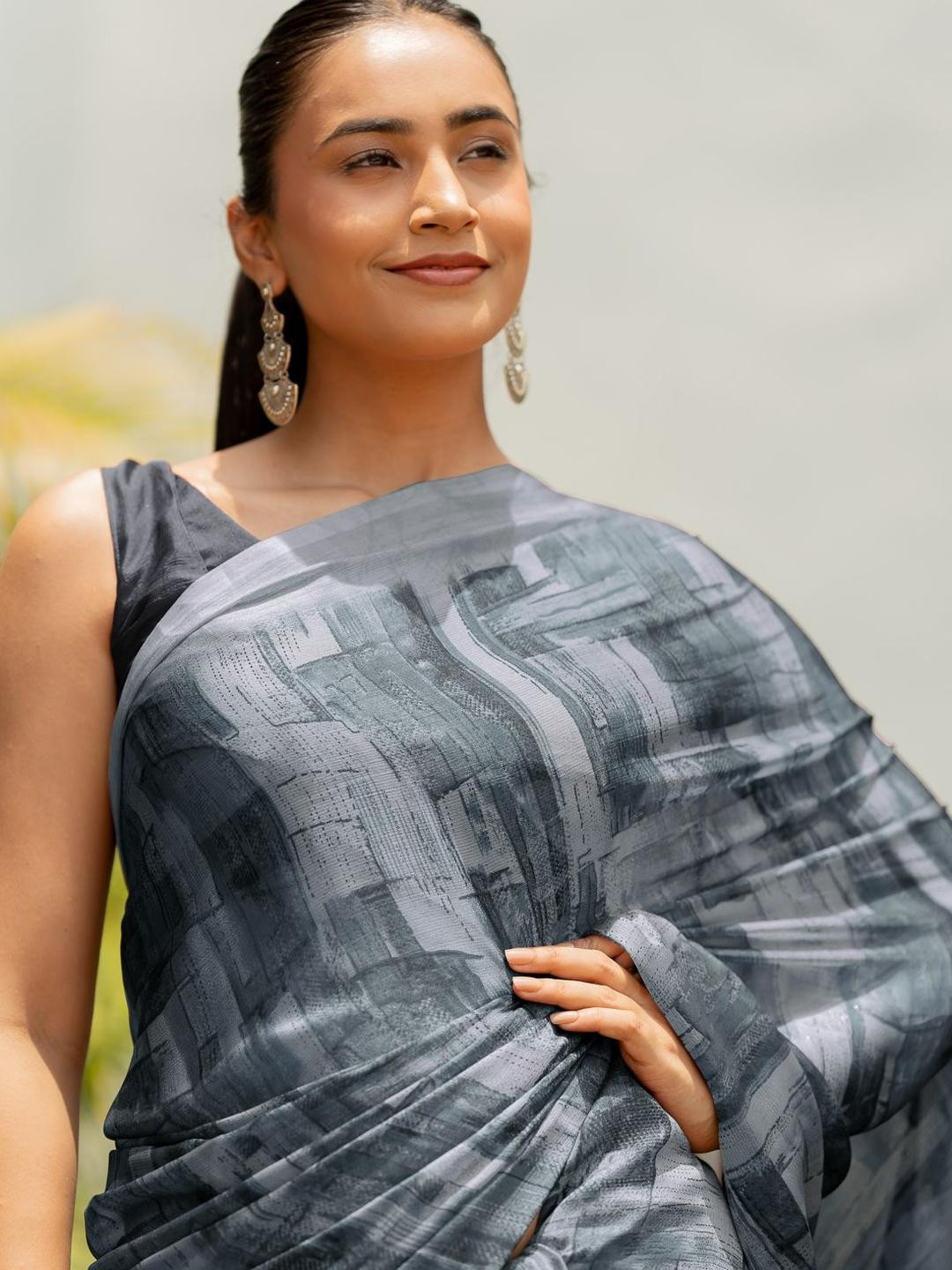 KALINI Grey Poly Chiffon Sarees
